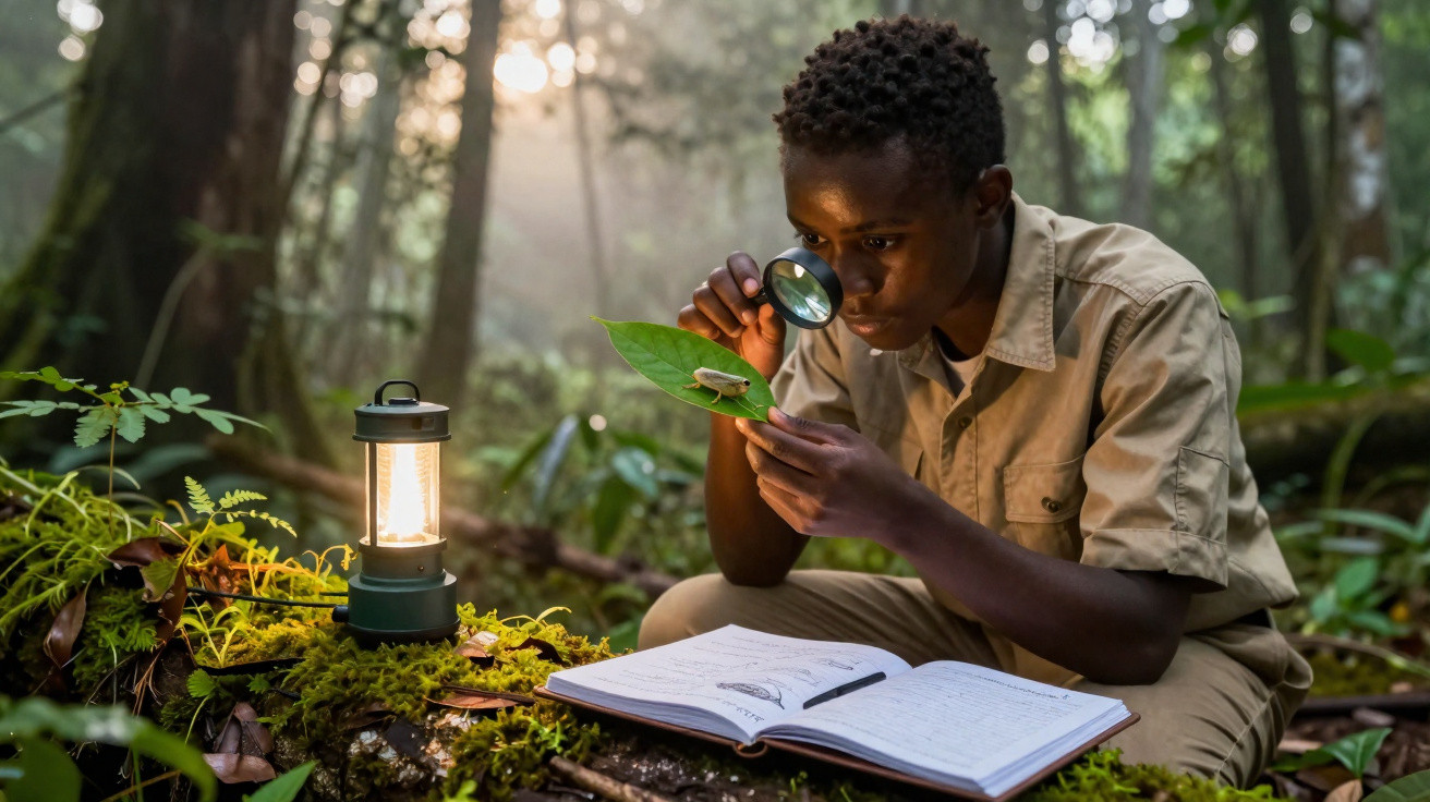 Jovem estudante explora folha com lupa num bosque, com caderno aberto e lanterna a iluminar a cena.