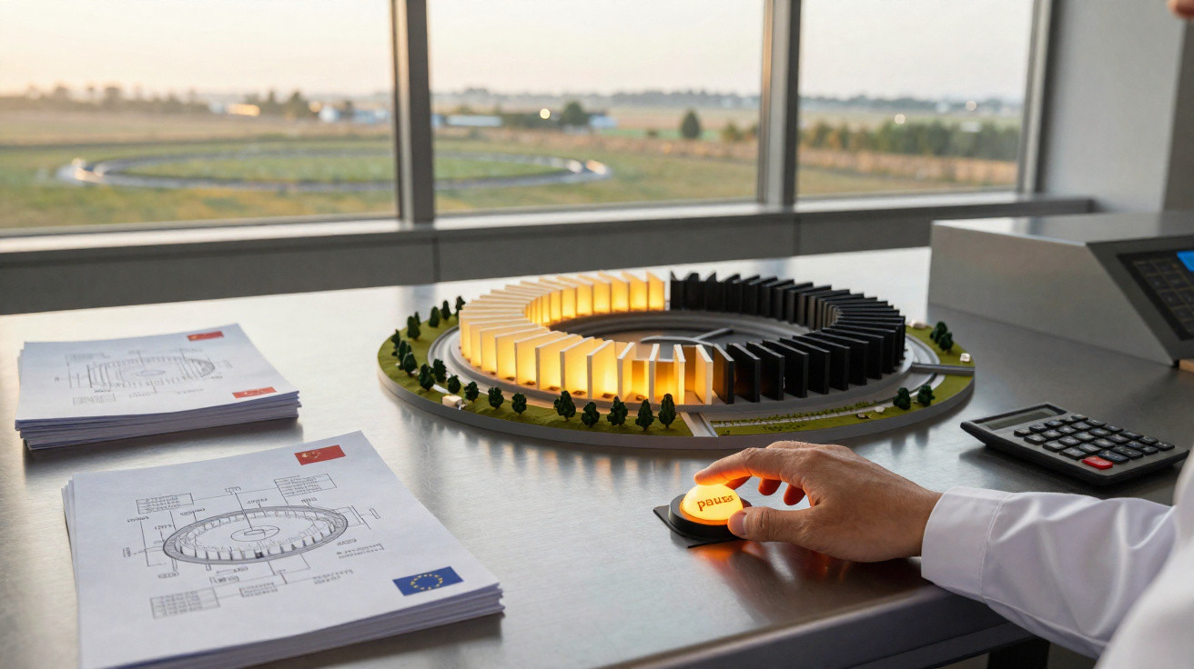 Modelo arquitetónico iluminado em espiral com planta técnica e mão a pressionar botão luz "pause" sobre mesa.
