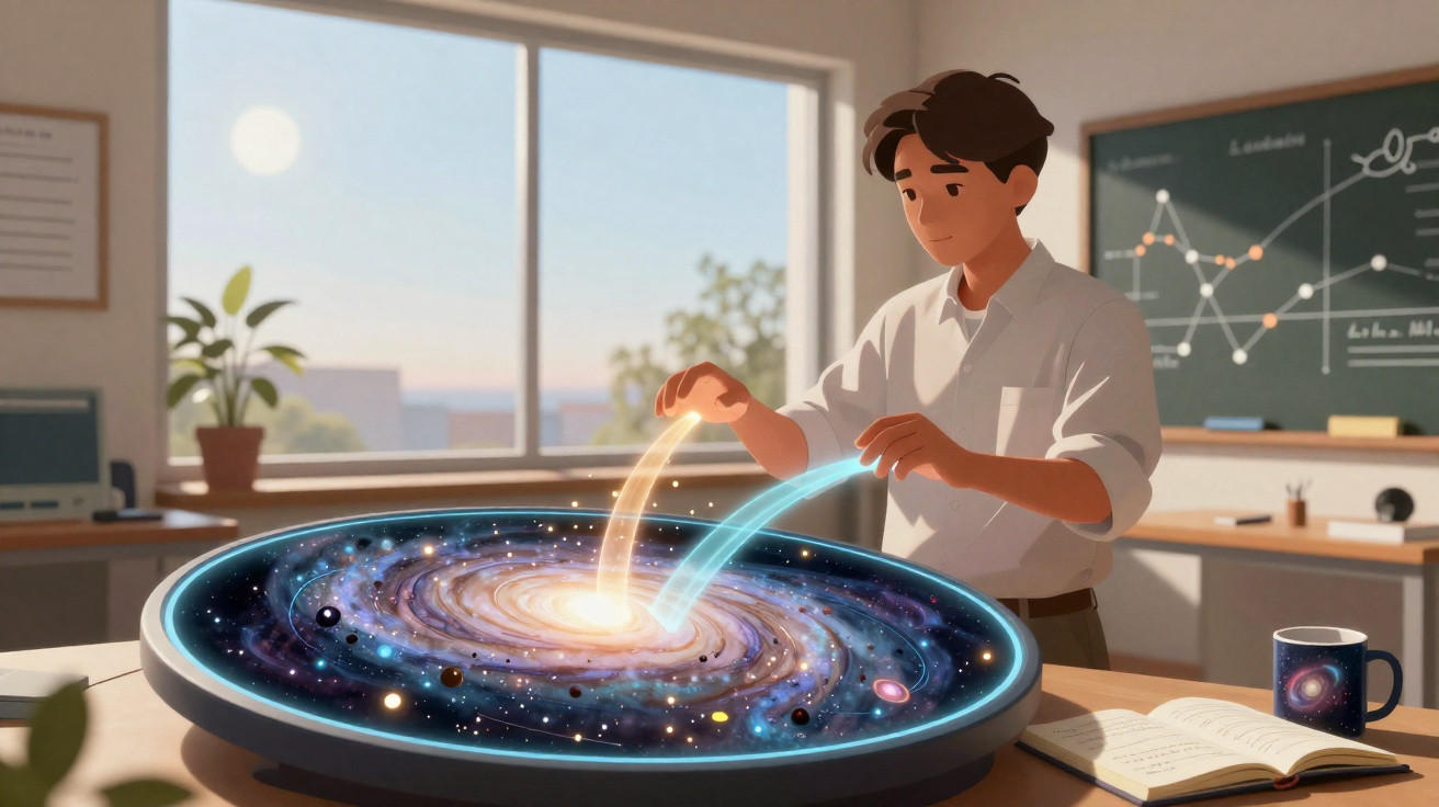 Jovem manipula holograma de galáxia num laboratório com janela e quadro negro ao fundo.