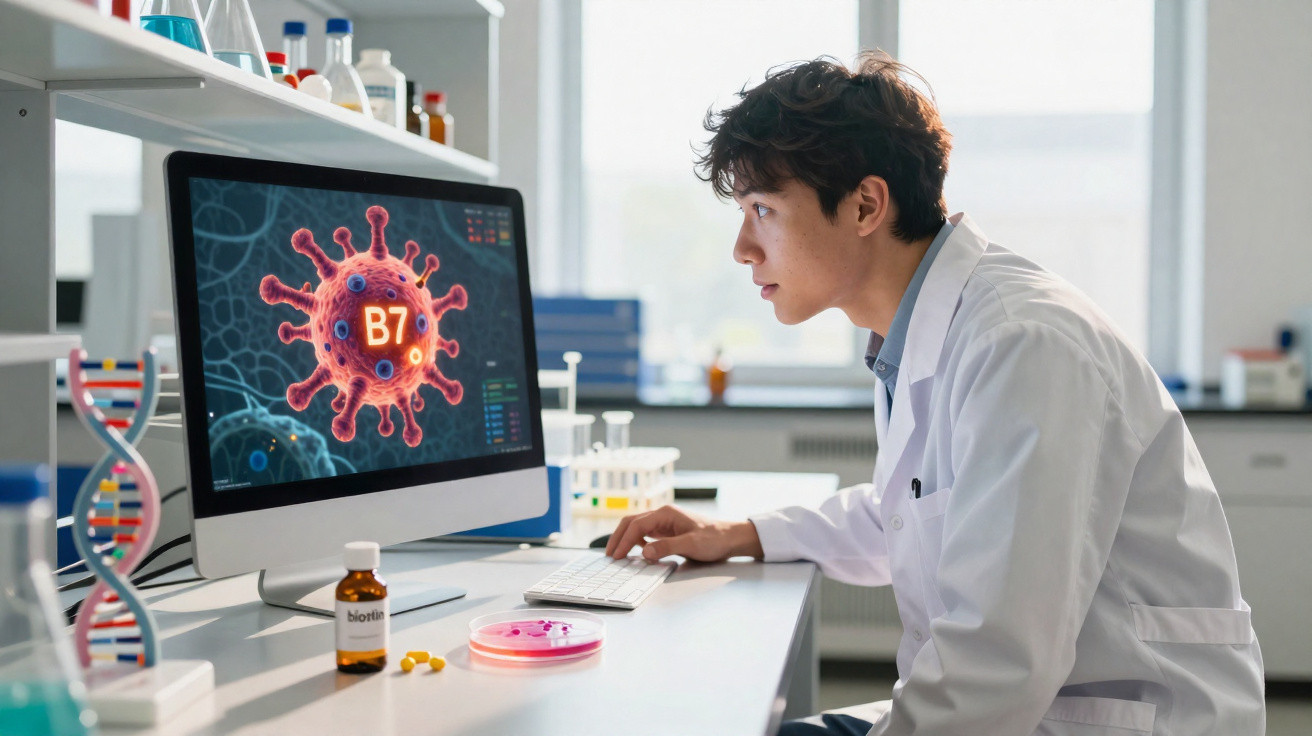Cientista em laboratório a analisar imagem do vírus B7 num ecrã de computador.