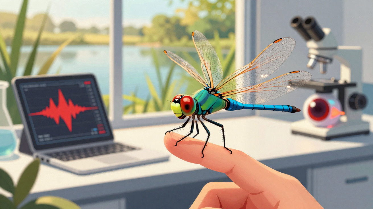 Libélula colorida pousada no dedo de uma mão, com laptop e microscópio num laboratório ao fundo.