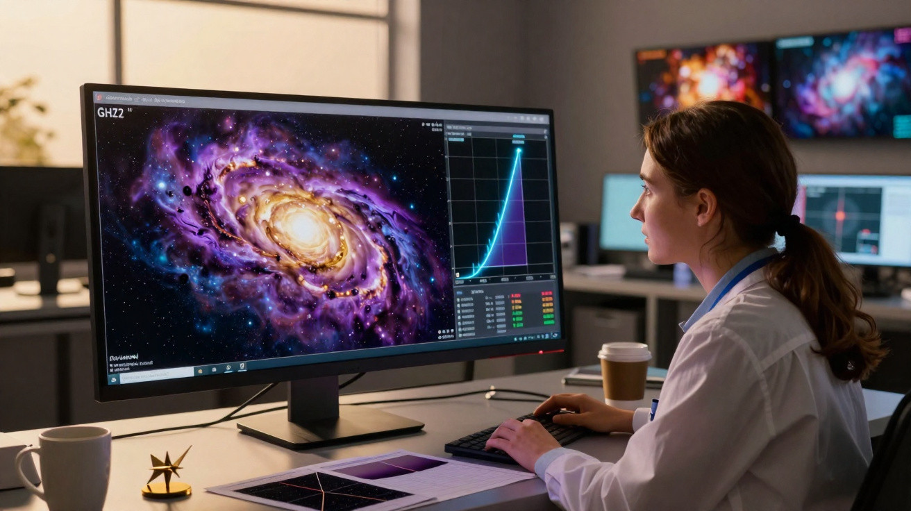 Mulher cientista analisa dados de uma galáxia e gráfico de crescimento num monitor num escritório moderno.