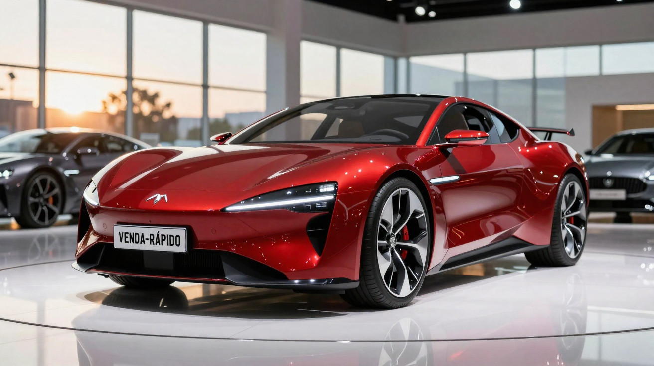 Carro desportivo elétrico vermelho com design moderno exposto num salão automóvel.