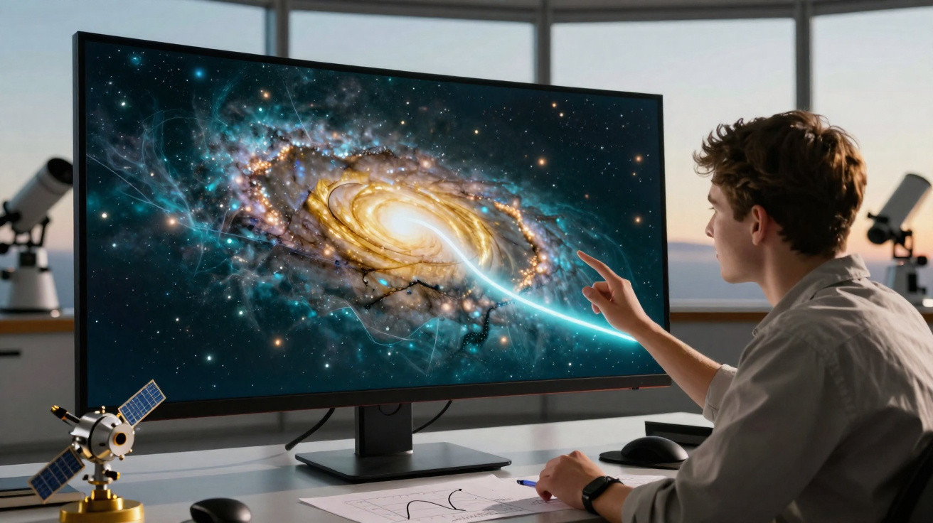 Jovem sentado a apontar para ecrã com imagem de galáxia luminosa em escritório com telescópios ao fundo.