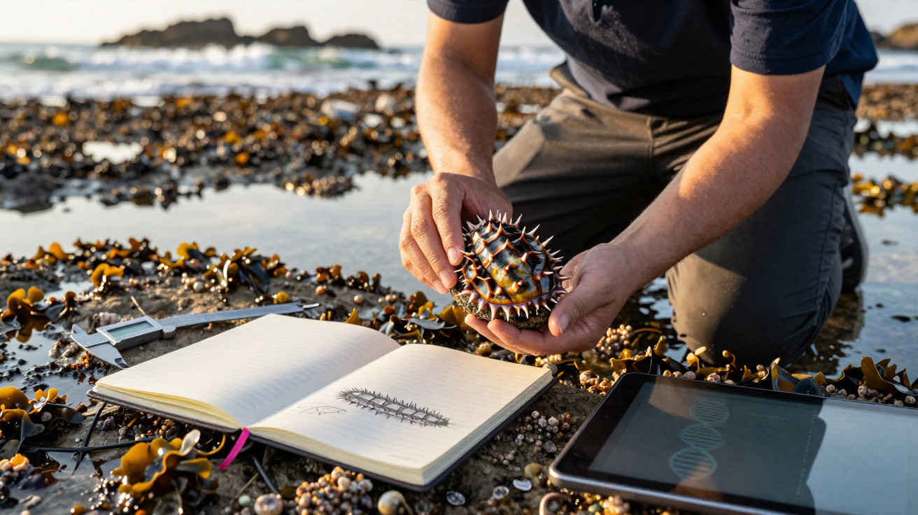 Pessoa segura um ouriço-do-mar junto à maré baixa, com caderno e tablet ao lado na praia.