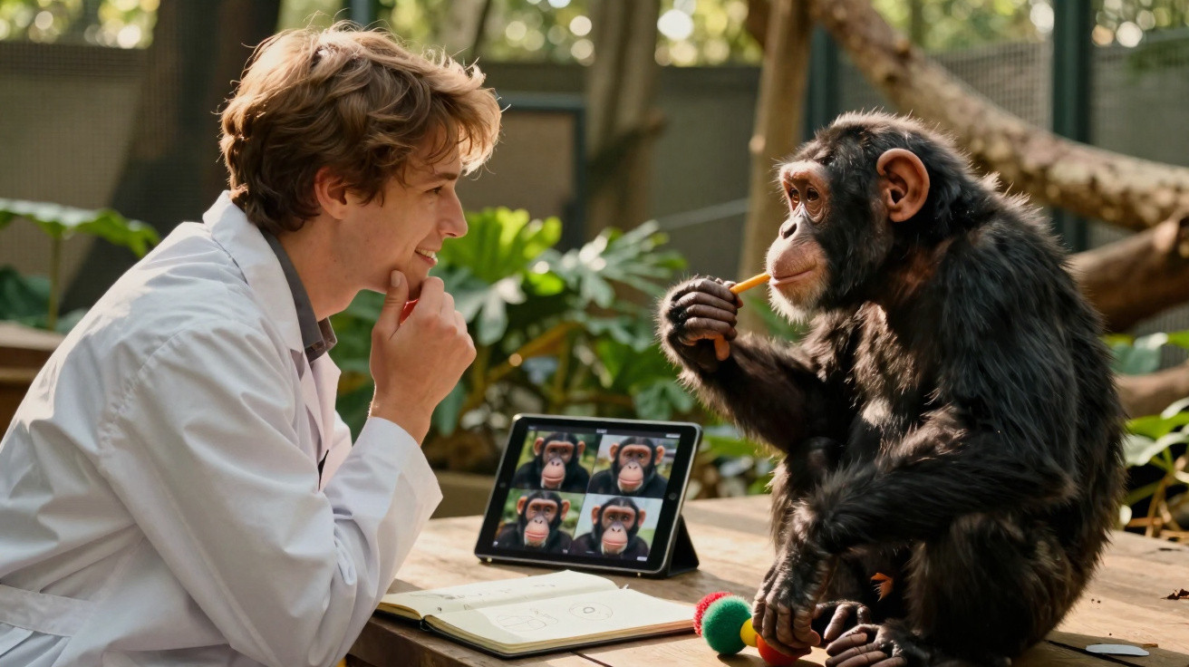 Homem de bata branca observa chimpanzé sentado à mesa com tablet e objetos coloridos num ambiente fechado.