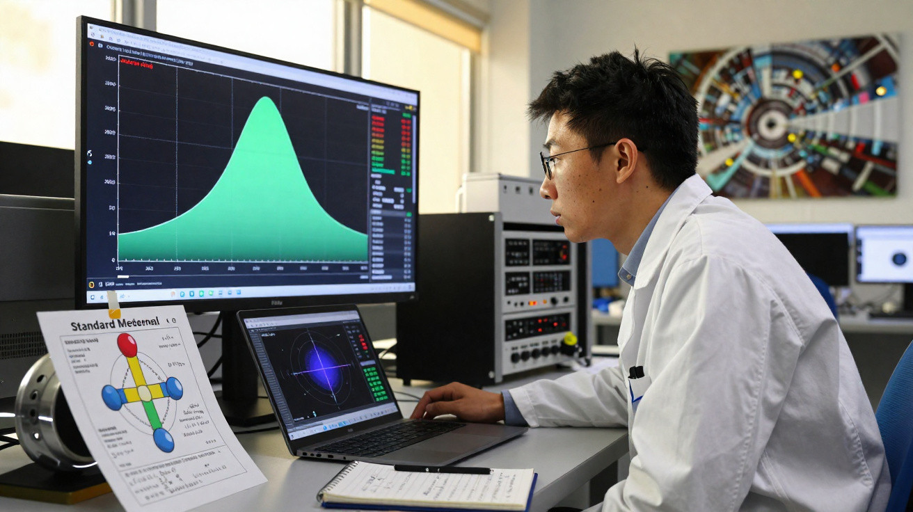 Cientista a analisar gráficos de dados em computador num laboratório com equipamento técnico e anotações.