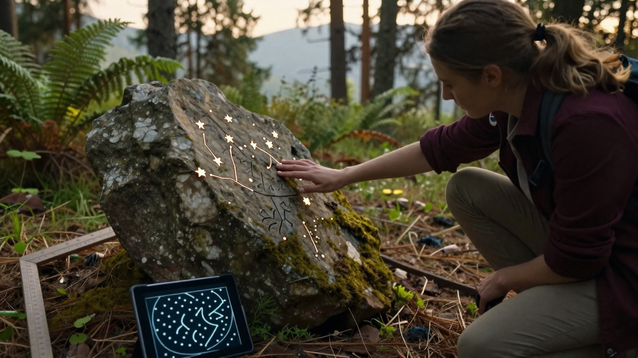 Mulher a analisar símbolos gravados numa pedra rústica numa floresta, com tablet ao lado no chão.