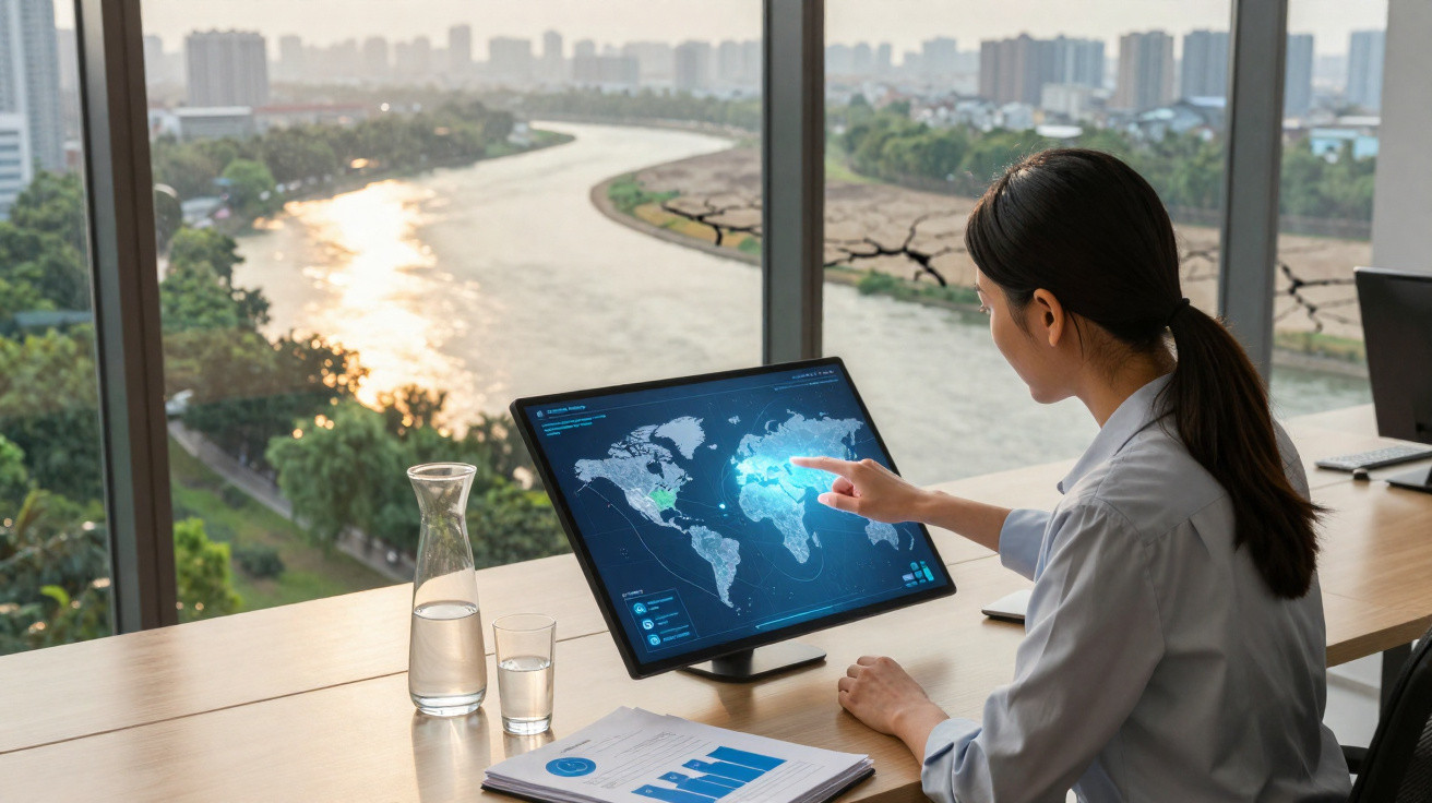 Mulher a usar tablet com mapa mundial, sentada junto a janela com vista para rio e cidade ao pôr do sol.
