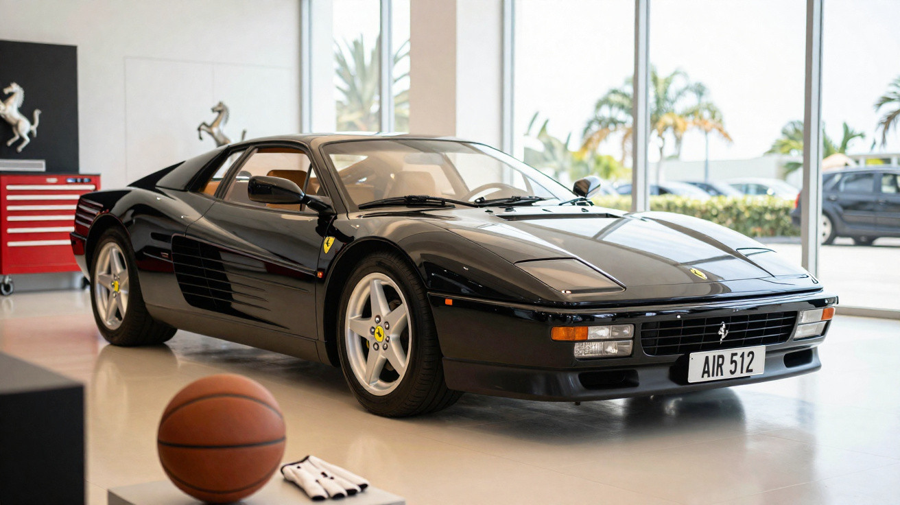 Ferrari preta clássica estacionada em showroom com bola de basquete e luvas em primeiro plano.