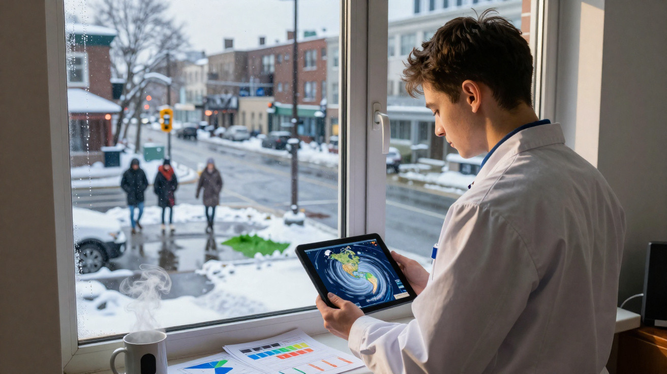 Homem com bata branca analisa dados meteorológicos num tablet junto a janela com vista para rua nevada e pessoas.