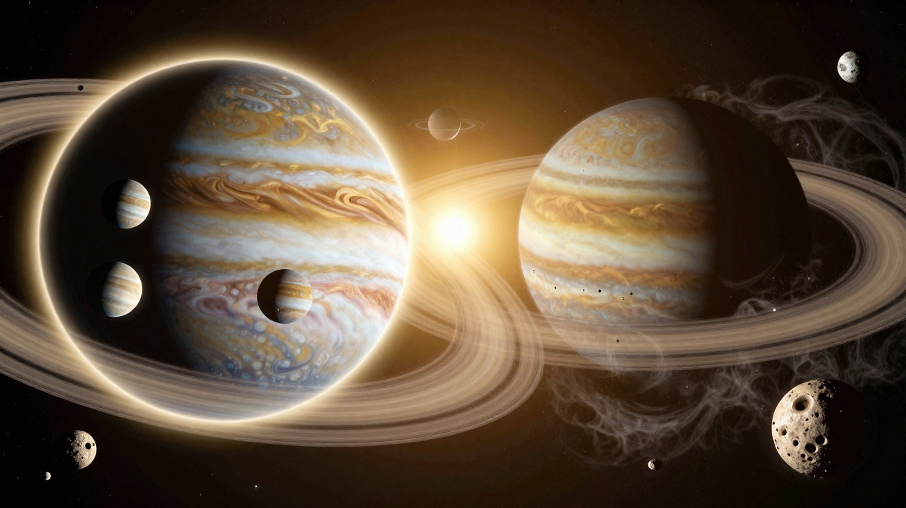 Planetas gigantes com anéis e luas orbitando num espaço iluminado pelo sol.