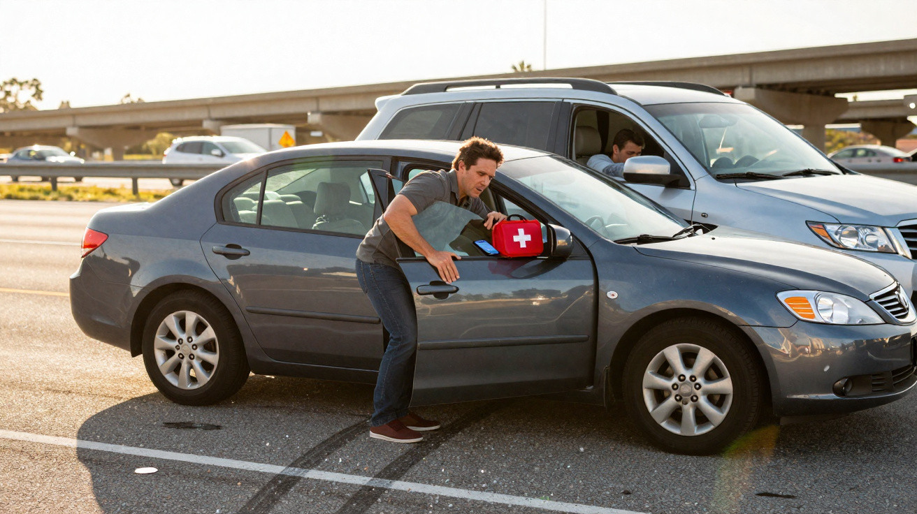 Homem a tirar um estojo de primeiros socorros do interior de um carro cinzento num estacionamento.