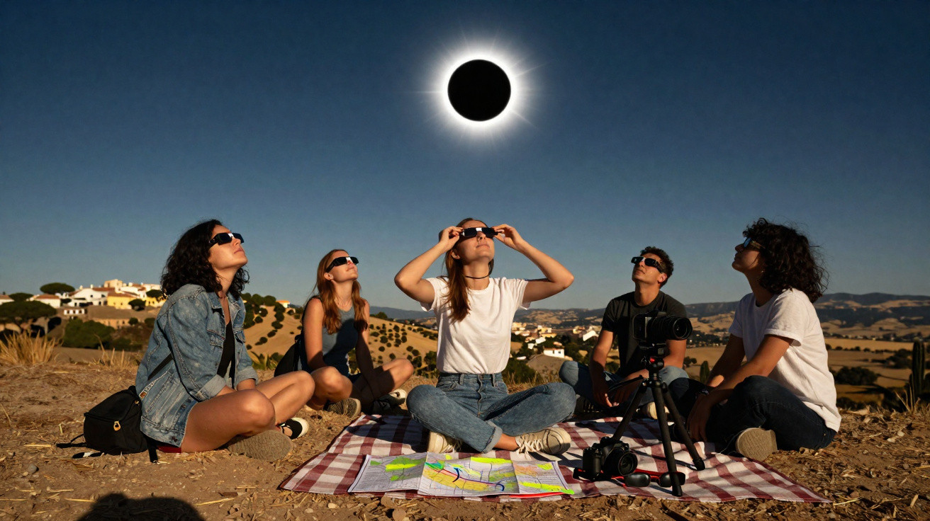 Cinco pessoas sentadas em campo observam um eclipse solar com óculos especiais, sobre um pano com mapas e câmaras.