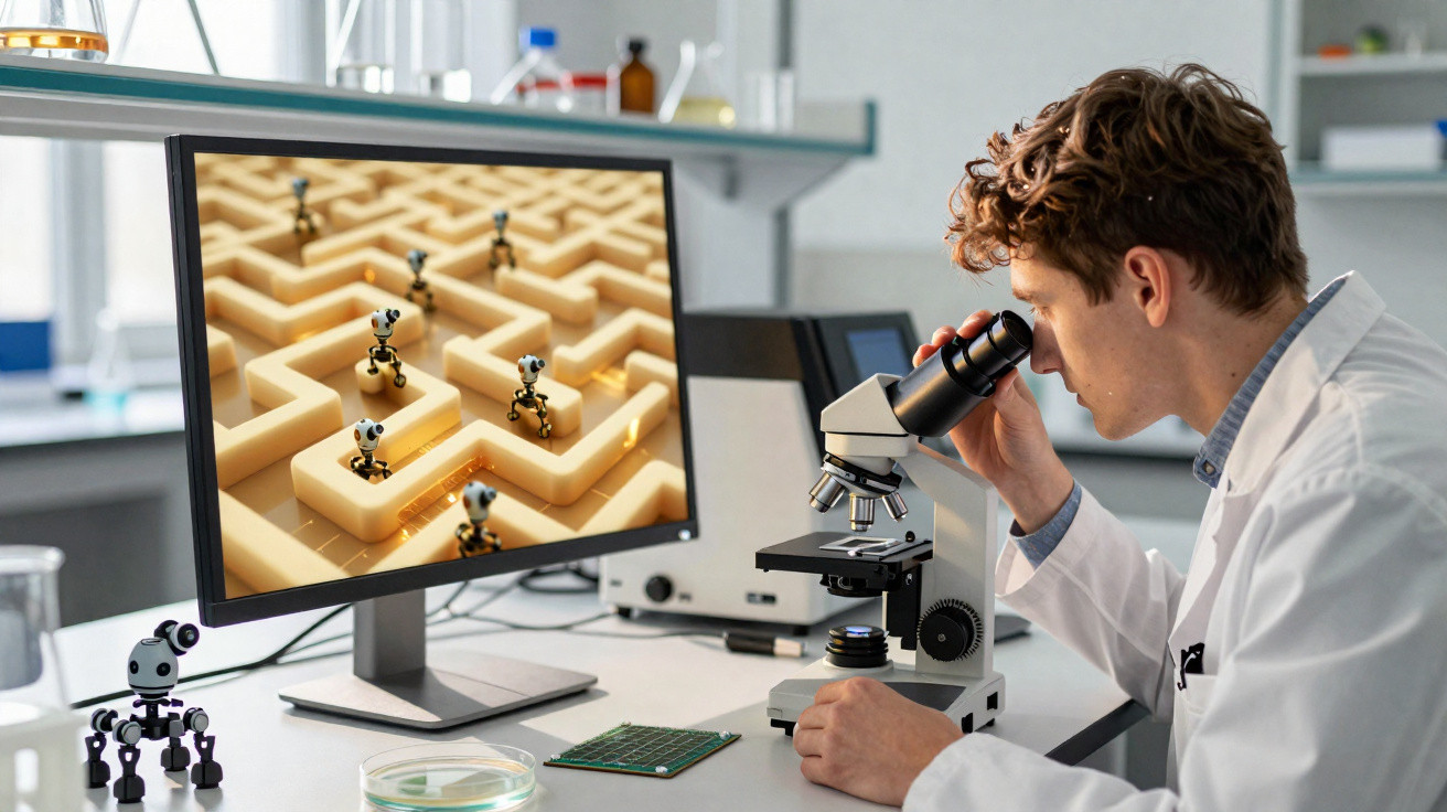 Homem a olhar ao microscópio num laboratório com ecrã a mostrar robôs num labirinto.