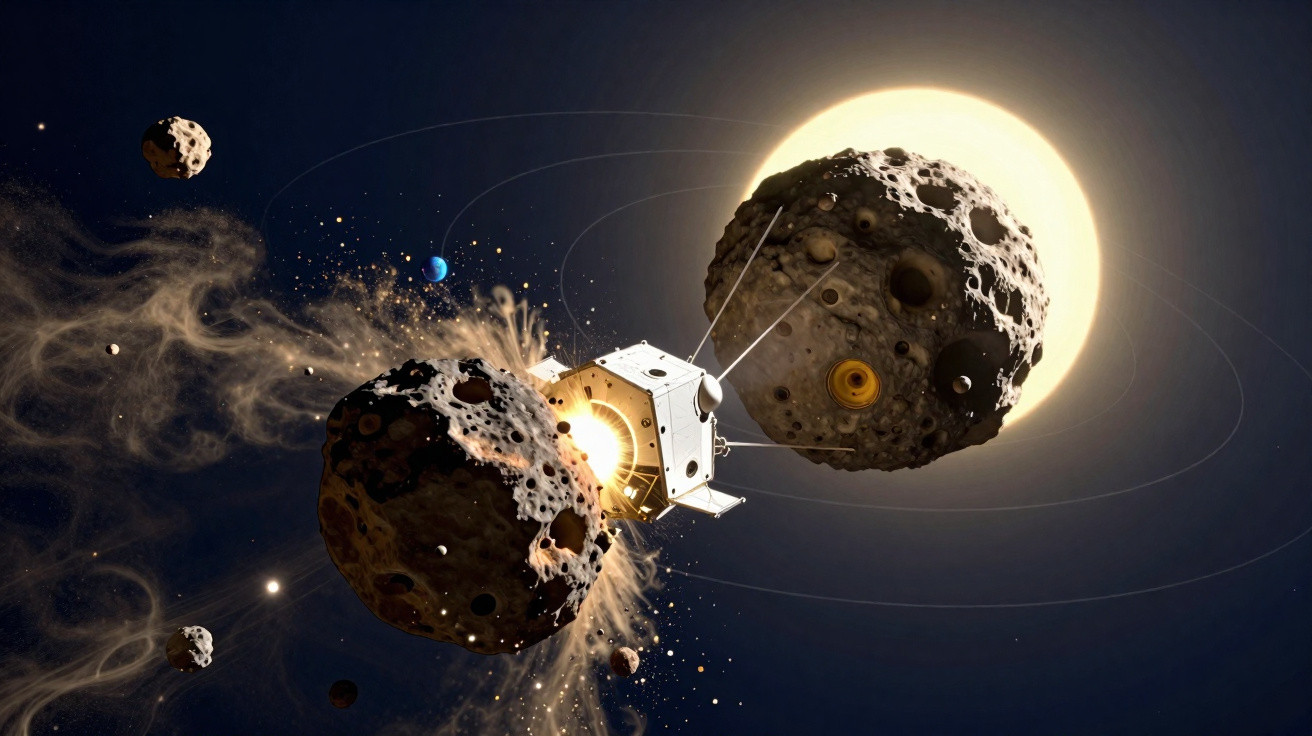 Sonda espacial chocando-se contra asteroide com fragmentos e sol brilhante ao fundo no espaço.