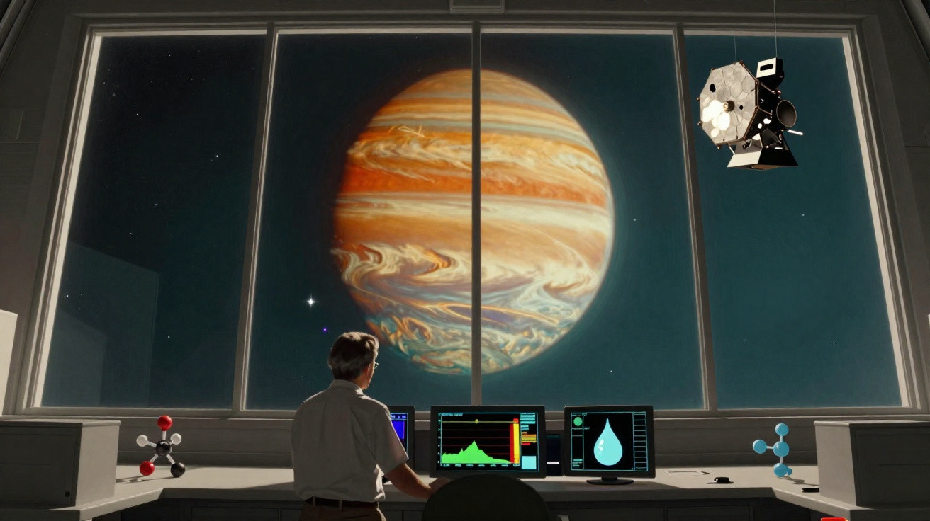 Cientista observa Júpiter através de janela gigante, com tela e modelos moleculares na mesa.