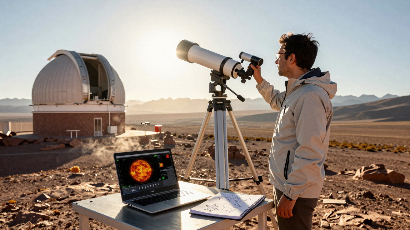 Homem observa o céu através de um telescópio perto de um observatório, com computador e caderno numa mesa ao pôr do sol.