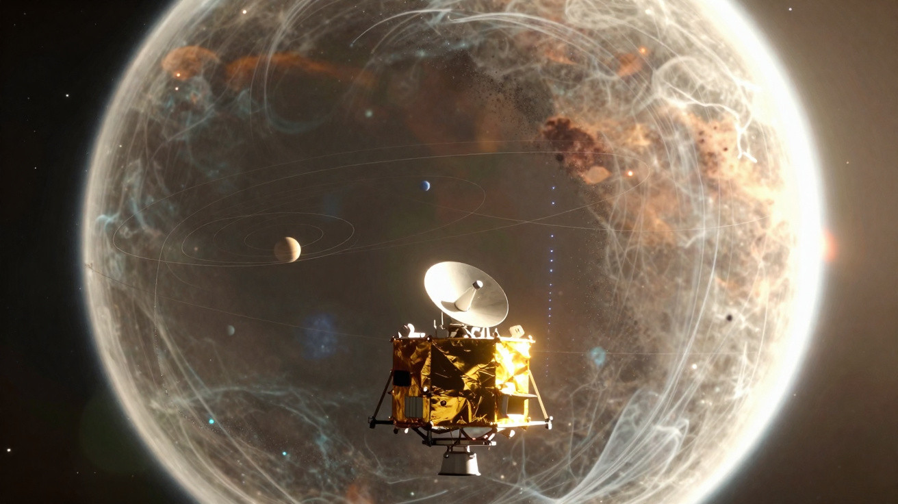 Sonda espacial dourada próxima de um planeta com nuvens de gás e vários planetas ao fundo no espaço.