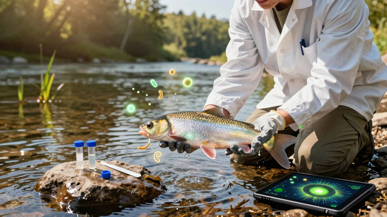 Cientista com bata branca segura peixe perto de rio, com amostras e tablet digital na margem.