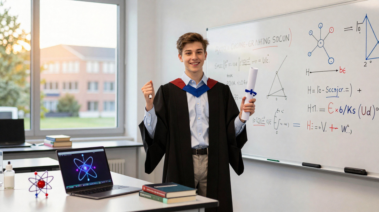 Jovem em toga de formatura segura diploma numa sala com quadro branco e livros, rodeado de material educativo.