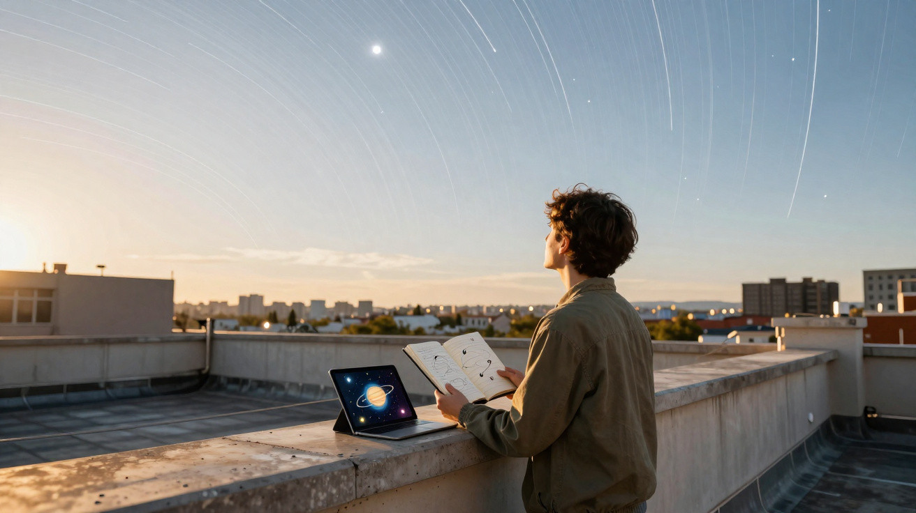 Jovem observa rastos de estrelas ao pôr do sol, com tablet e caderno num terraço urbano.