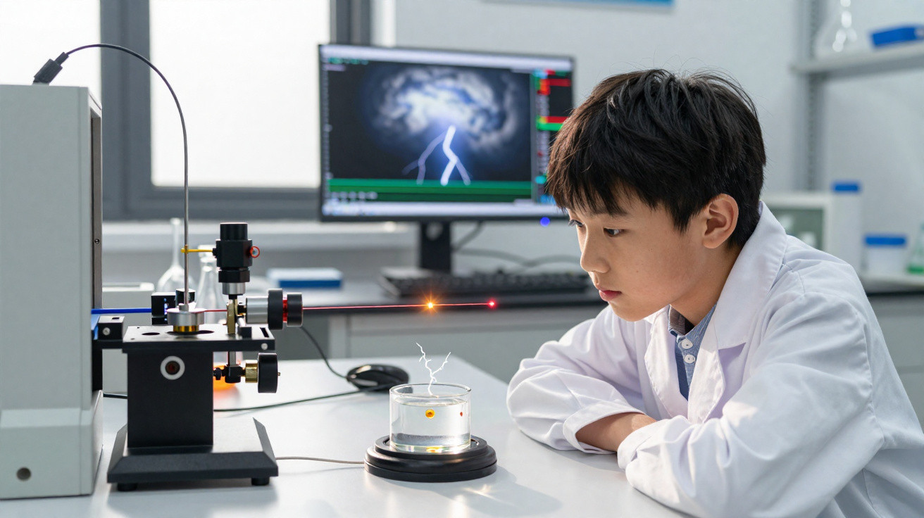 Criança num laboratório a observar experimento científico com laser e eletricidade estática numa bancada.