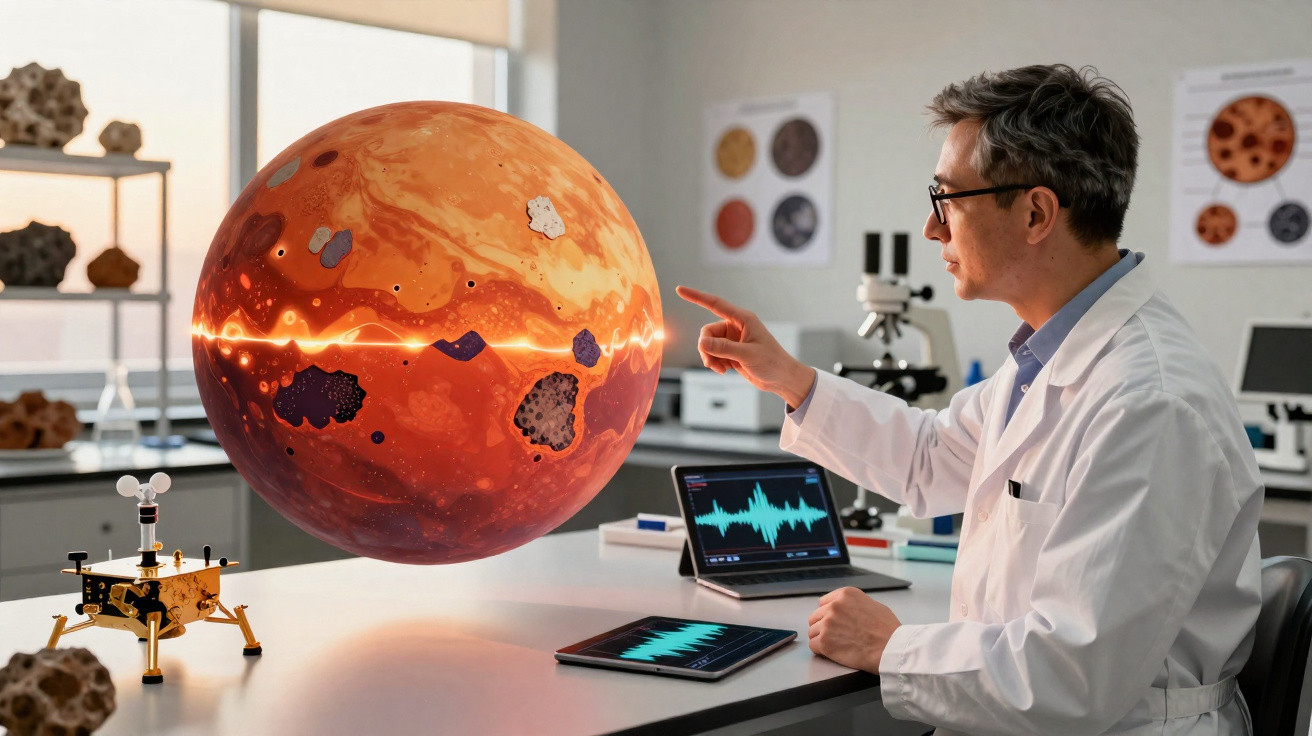 Cientista em laboratório analisa modelo digital com dados científicos de planeta Marte flutuante.