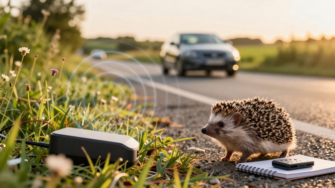 Ouriço ao lado da estrada perto de dispositivo eletrónico com carro ao fundo ao pôr do sol.