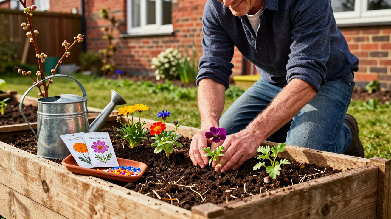 Homem a plantar flores coloridas numa cama de jardim em madeira num quintal residencial.