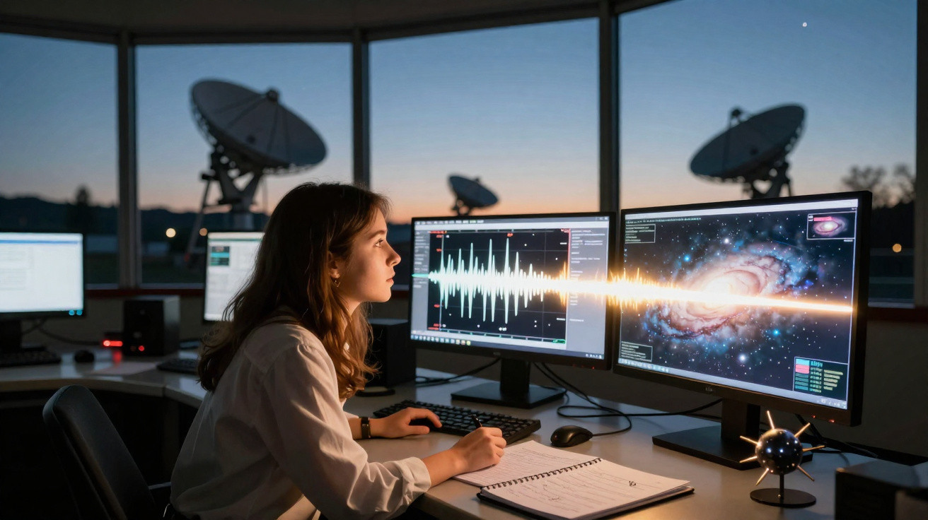 Mulher a analisar dados astrofísicos em dois ecrãs num laboratório com antenas parabólicas ao fundo ao pôr do sol.