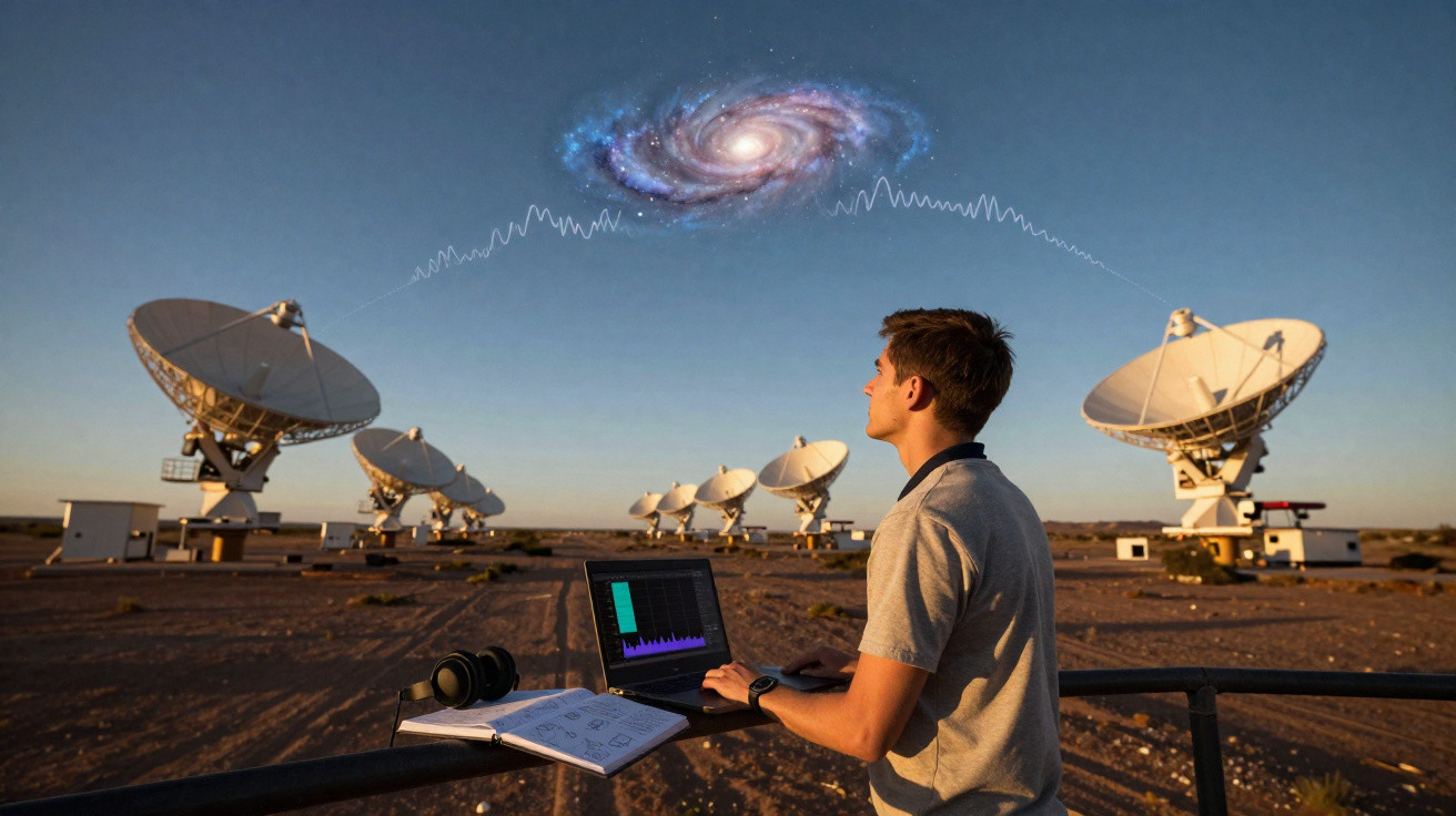 Homem observa sinais de rádio de uma galáxia distante usando antenas de rádio em deserto ao pôr do sol.