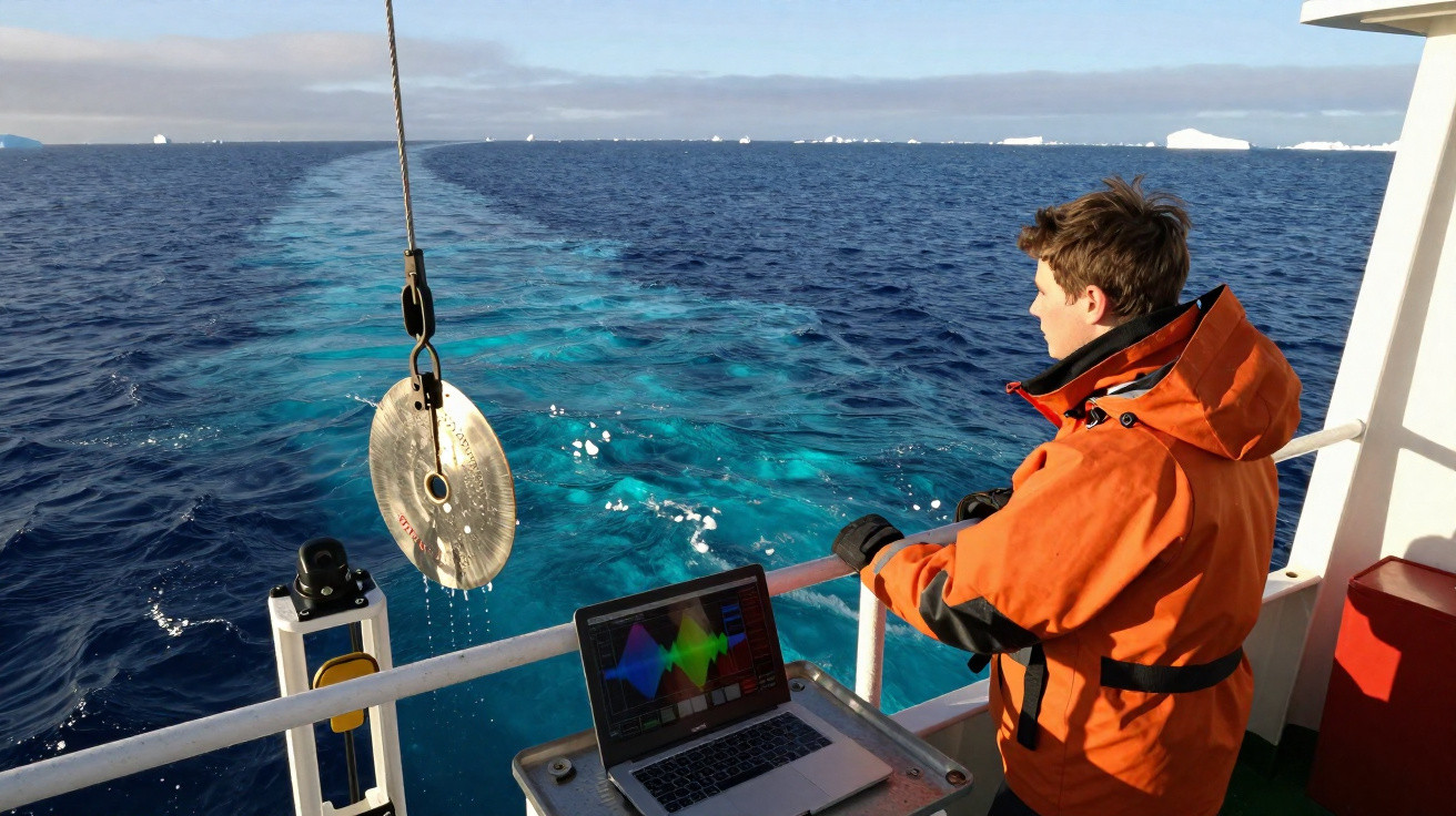 Pessoa em casaco laranja observa o mar a bordo de barco, com computador portátil e equipamento científico.