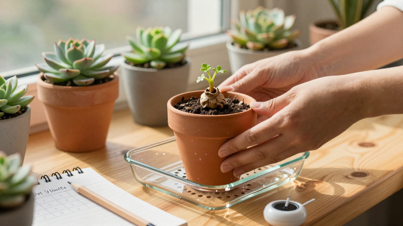 Mãos a colocar vaso de barro com planta suculenta em tabuleiro de vidro numa mesa com várias plantas.
