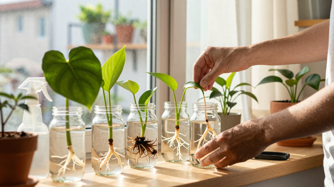 Mãos a cuidar de plantas com raízes em frascos de vidro cheios de água numa janela iluminada.