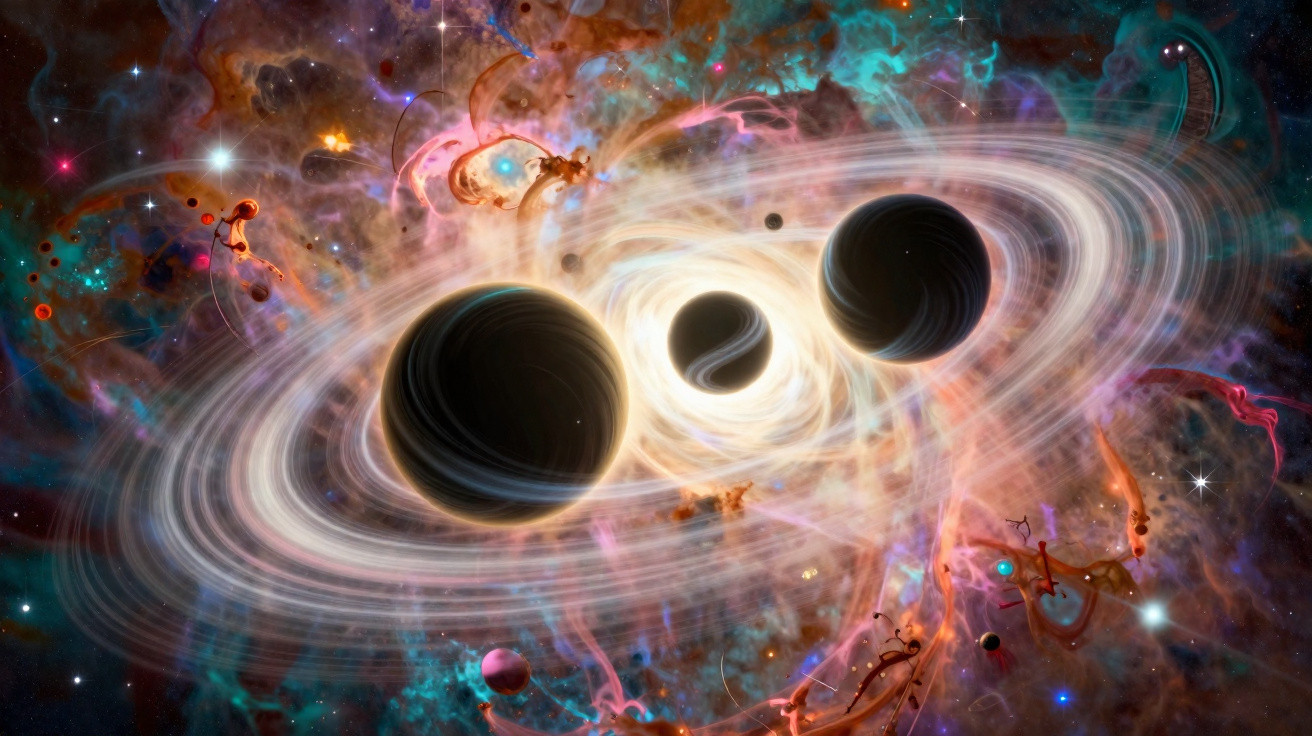 Ilustração espacial com três planetas escuros rodeados por anéis luminosos e nebulosas coloridas ao fundo.