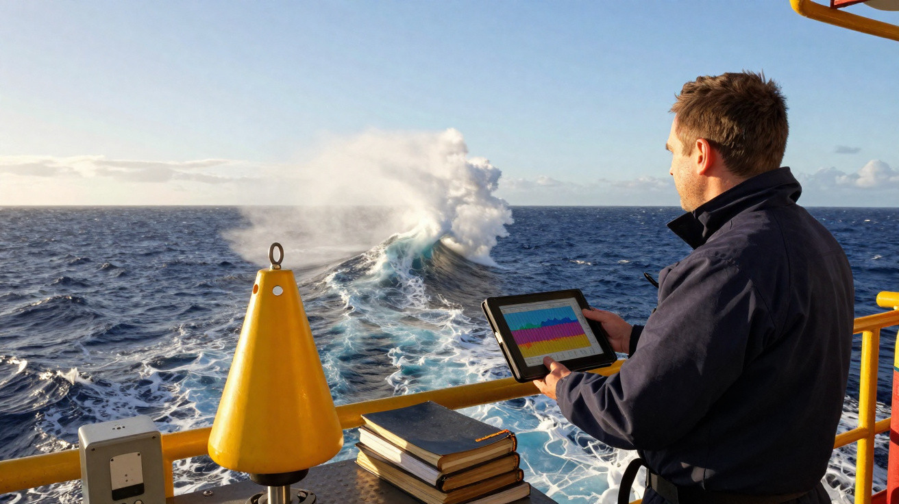 Homem numa plataforma marítima observa dados num tablet com ondas altas e céu limpo ao fundo.
