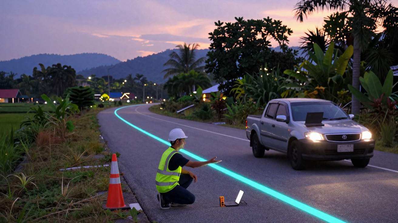 Homem com colete refletor e capacete mede linha iluminada azul numa estrada rural ao entardecer.