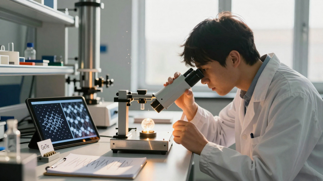 Cientista em bata branca observa amostra ao microscópio num laboratório com computador e documentos no banco.