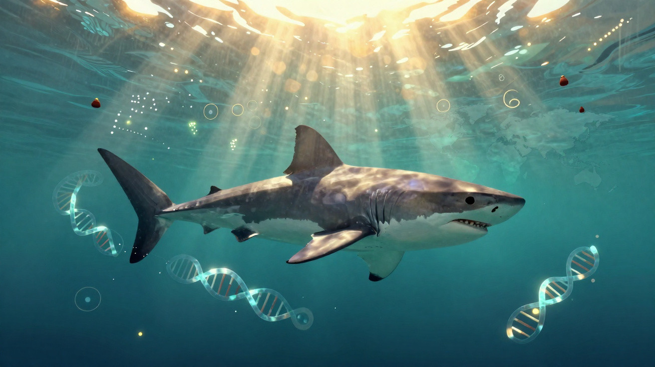Tubarão nadando no oceano com raios de sol a penetrar na água e cadeias de DNA flutuantes ao redor.