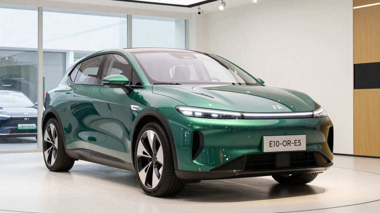 Carro elétrico verde em exposição numa sala moderna com janelas amplas e chão branco.