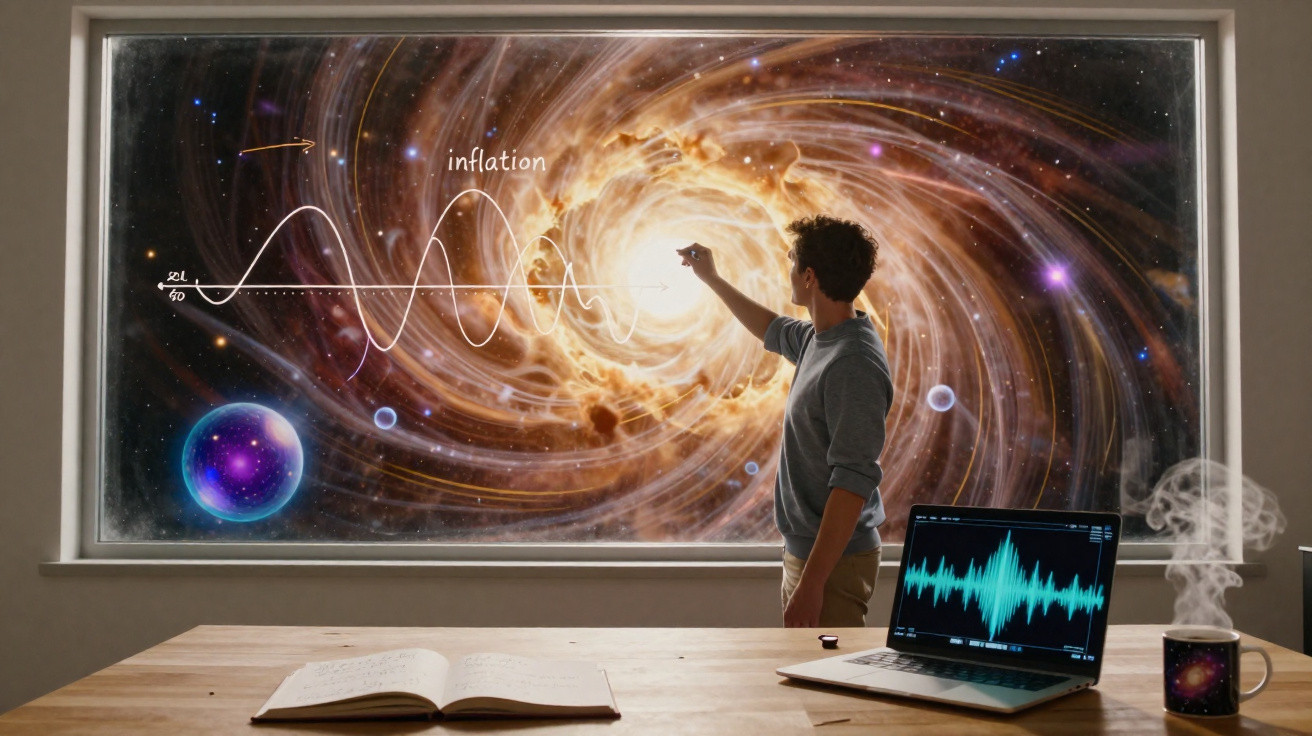 Pessoa desenha gráfico numa janela com imagem de galáxia e nebulosa, com computador e livro na mesa.