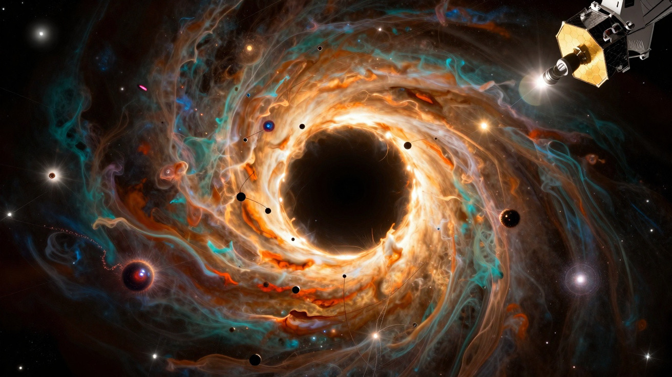 Sonda espacial próxima a um buraco negro rodeado por nuvens coloridas de gás e planetas no espaço.