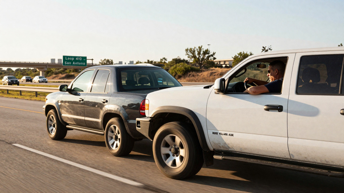 Dois carros circulam lado a lado numa autoestrada, um branco e outro cinzento, com sinalização para San Antonio ao fundo.