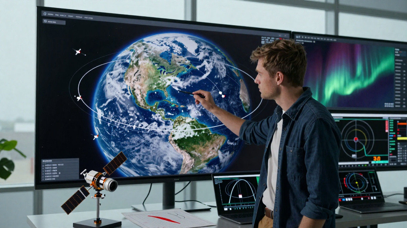 Homem aponta para um ecrã com imagem da Terra e satélites em órbita num centro de controlo espacial.