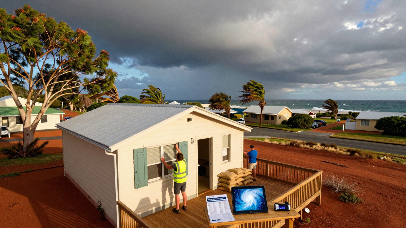 Duas pessoas protegem uma casa costeira contra tempestade, fechando janelas, com céu nublado e mar ao fundo.