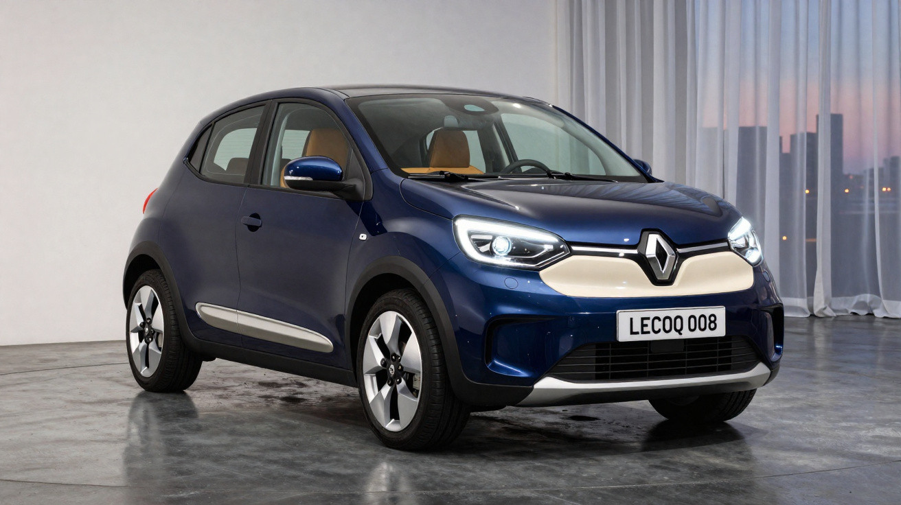 Carro elétrico Renault azul escuro, modelo compacto, em ambiente interior com chão cinza e cortinas translúcidas.