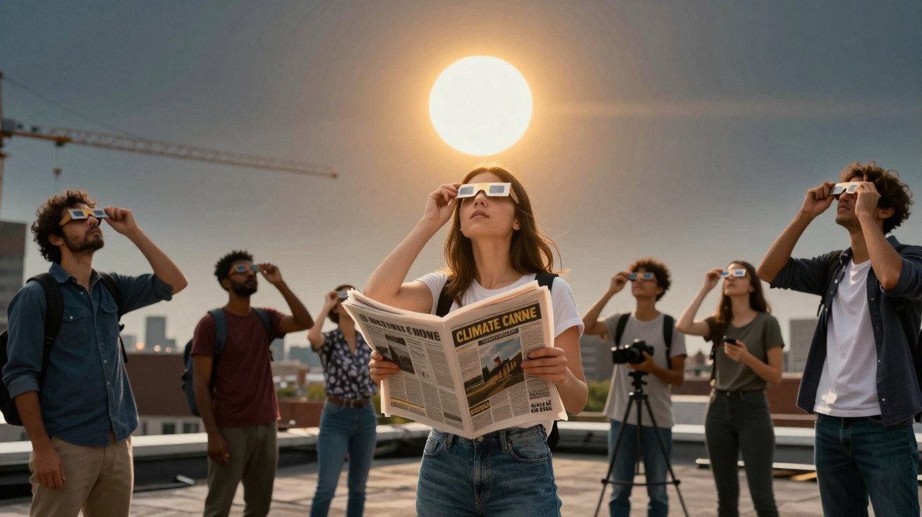 Grupo de pessoas num terraço a observar o sol com óculos protetores durante um eclipse solar.