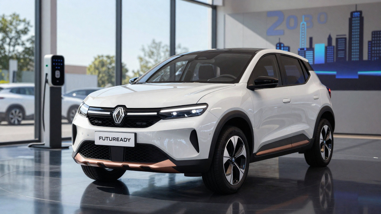 Carro elétrico Renault branco estacionado em showroom com poste de carregamento ao fundo.