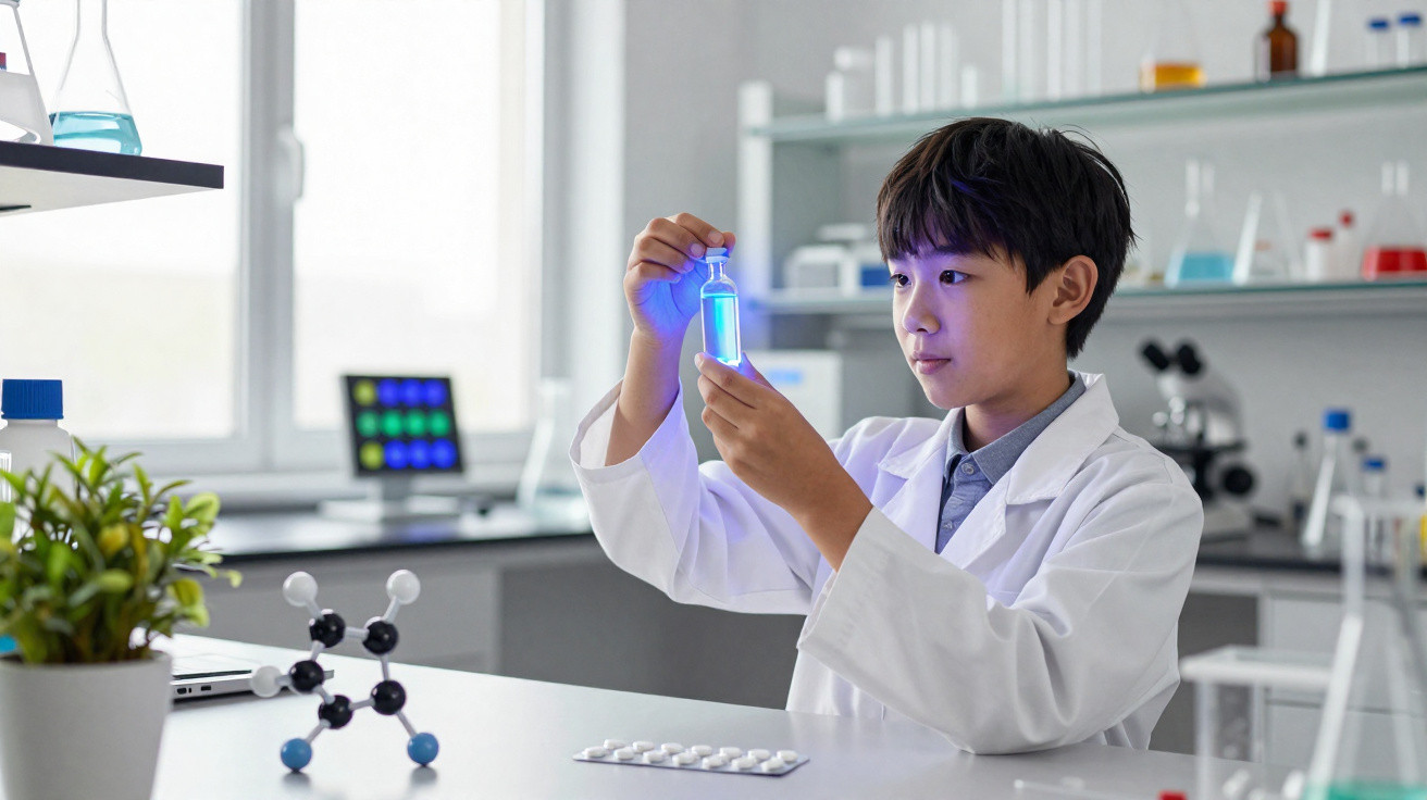 Criança em bata branca a analisar frasco luminoso azul num laboratório científico moderno.